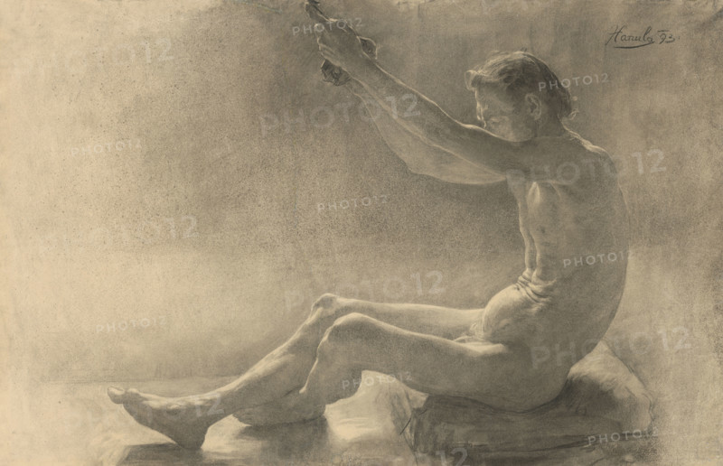 Study of a seated male nude with raised arms, 1893.