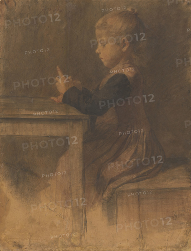 Little girl knitting, 1892.
