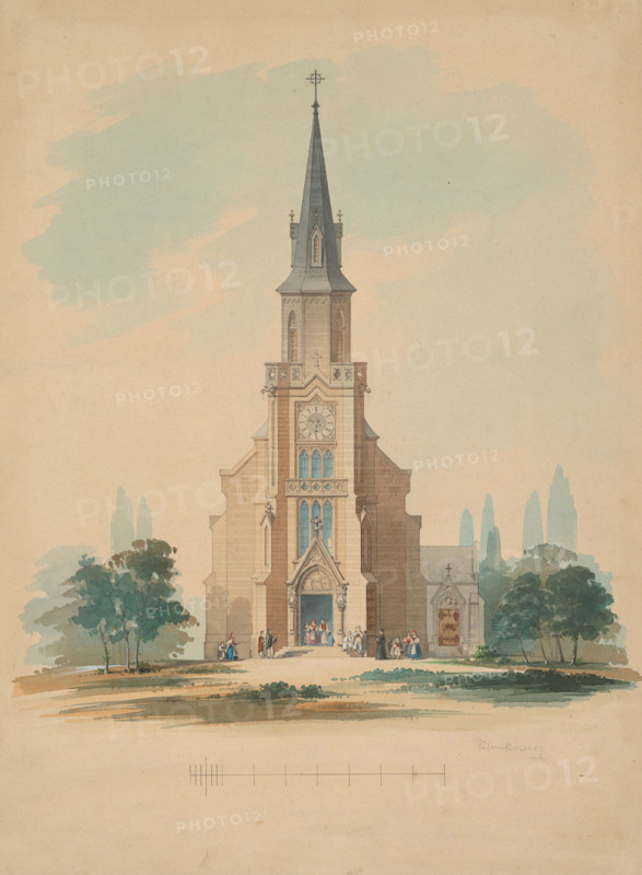 View of a village church in the neo-Gothic style, 1850-1890.