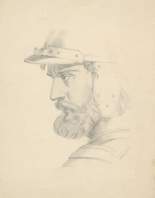 Man's head with a helmet, 1879.
