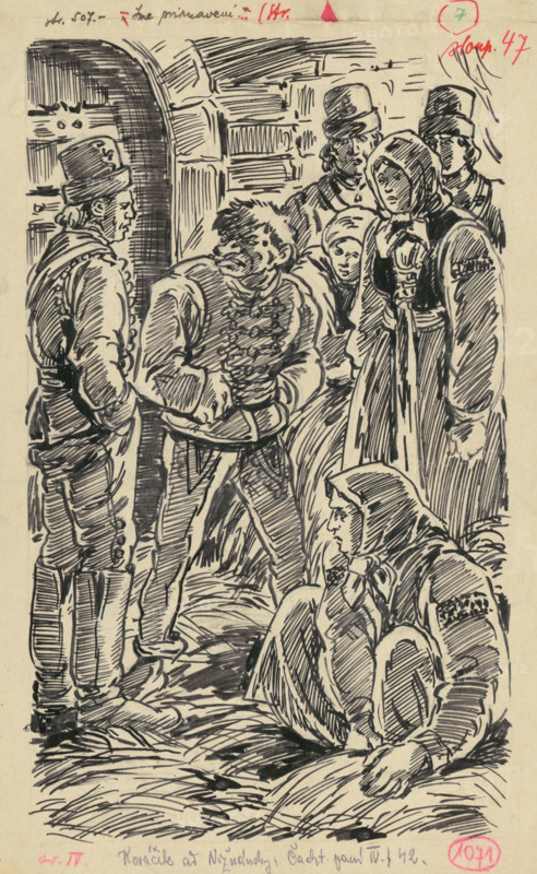 7.- In prison, 1936. Additional Info: Illustration for the book cachticka pani by J.Niznansky, published by L.Mazac, Prague 1936 - 10 illus.