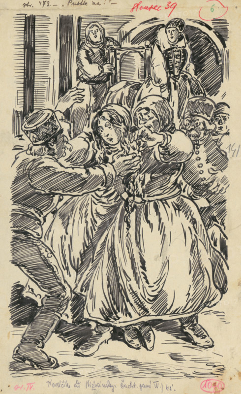 6.- Kidnapping, 1936. Additional Info: Illustration for the book by J.Niznansky cachticka pani, published by L.Mazac, Prague 1936 - 10 illus.