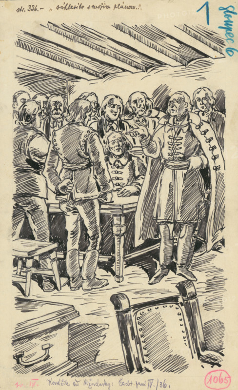 1.- The Council, 1936. Additional Info: Illustration for the book by J.Niznansky cachticka pani, published by L.Mazac, Prague 1936 - 10 illus.