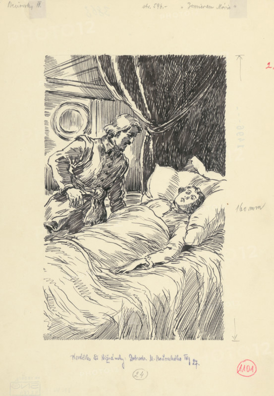 2.- I'm Dying, Moric..., 1953. Additional Info: Illustration for the novel by J.Niznansky The Adventures of Moric Benovsky, published by L.Mazac, Prague 1953 - 32 illus.