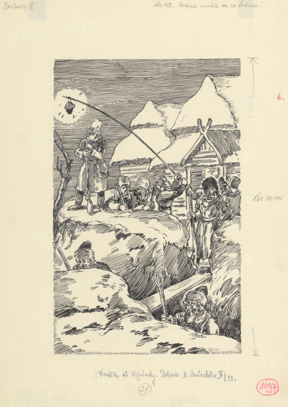 14.- Hour after hour passed, 1953. Additional Info: Illustration for the novel by J.Niznansky The Adventures of Moric Benovsky, published by L.Mazac, Prague 1953 - 32 illus.