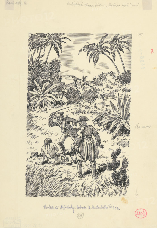 7.- Why are you beating her?, 1953. Additional Info: Illustration for the novel by J.Niznansky The Adventures of Moric Benovsky, published by L.Mazac, Prague 1953 - 32 illus.