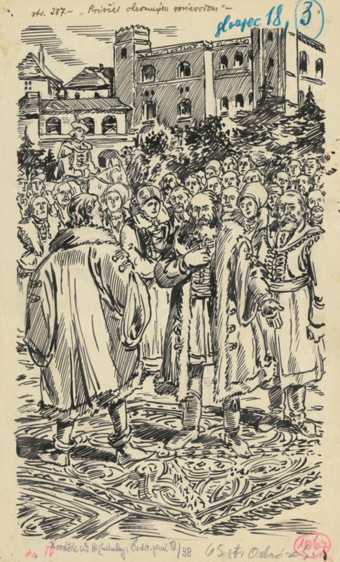 3.- A crowd in front of the palace, 1936. Additional Info: Illustration for the book by J.Niznansky cachticka pani, published by L.Mazac, Prague 1936 - 10 illus.