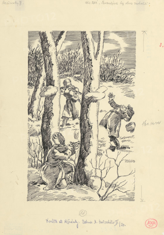 11.- Levaneyev was Shot Without Lead, 1953. Additional Info: Illustration for the novel by J.Niznansky The Adventures of Moric Benovsky, published by L.Mazac, Prague 1953 - 32 illus.