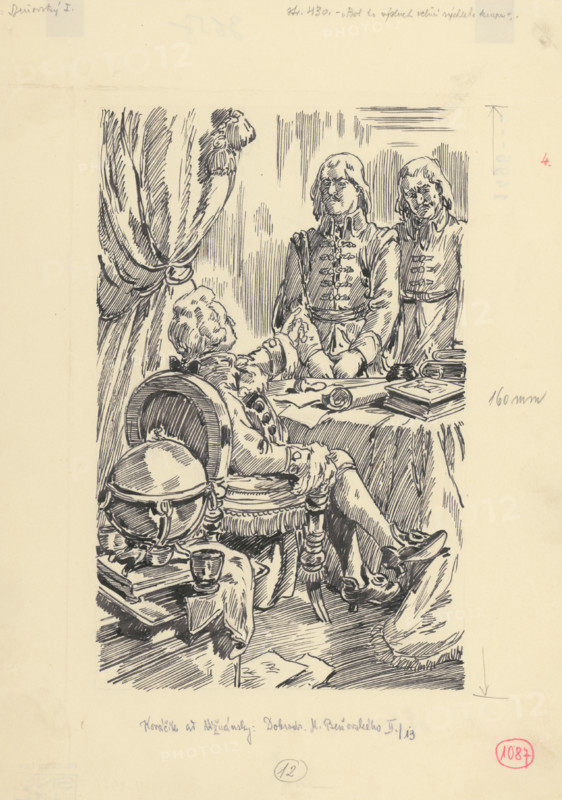 20.- It was a fast-paced interrogation, 1953. Additional Info: Illustration for the novel by J.Niznansky The Adventures of Moric Benovsky, published by L.Mazac, Prague 1953 - 32 illus.