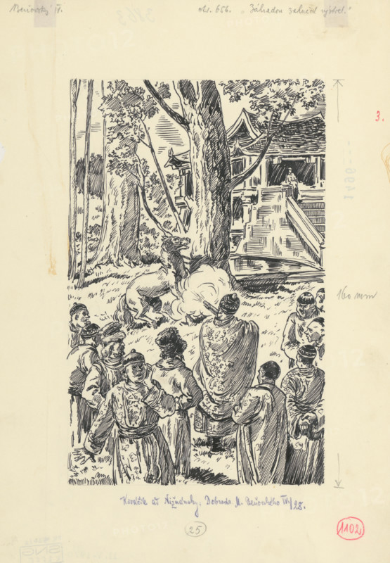 3.- A shot rang out through the garden.., 1953. Additional Info: Illustration for the novel by J.Niznansky The Adventures of Moric Benovsky, published by L.Mazac, Prague 1953 - 32 illus.