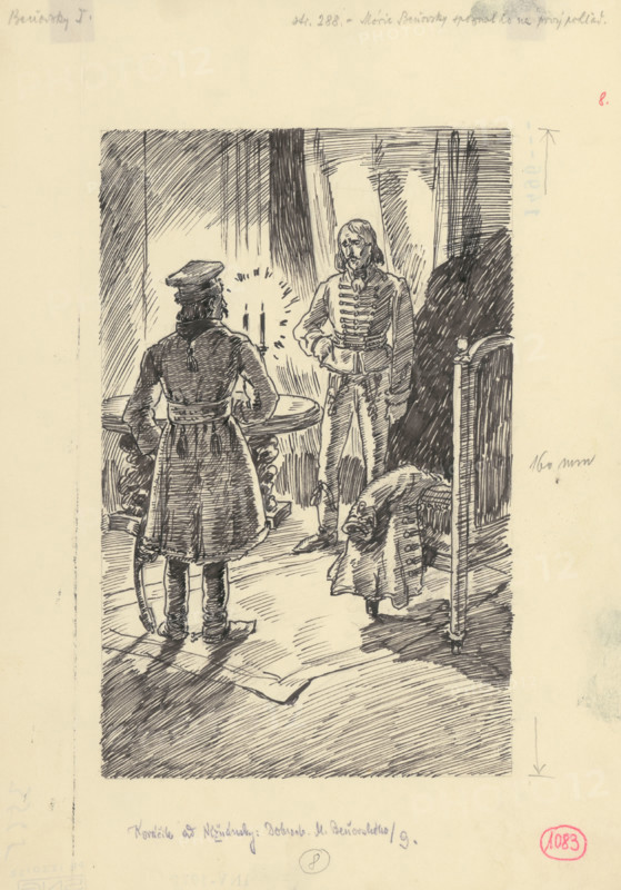32.- Moric recognized him at first sight, 1953. Additional Info: Illustration for the novel by J.Niznansky The Adventures of Moric Benovsky, published by L.Mazac, Prague 1953 - 32 illus.
