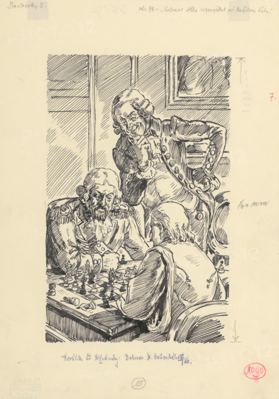 23.- Kolosov thought long and hard about each move, 1953. Additional Info: Illustration for the novel by J.Niznansky The Adventures of Moric Benovsky, published by L.Mazac, Prague 1953 - 32 illus.