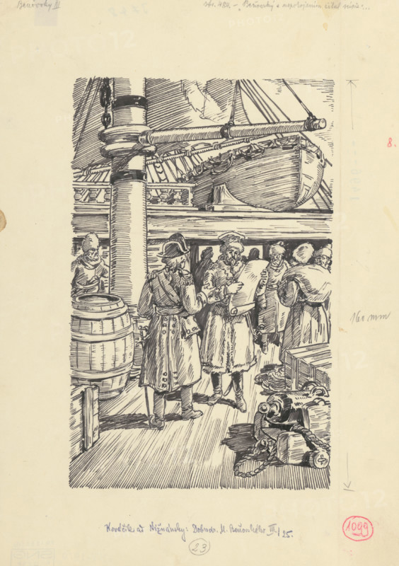 16.- Benovsky read the inventory with satisfaction, 1953. Additional Info: Illustration for the novel by J.Niznansky The Adventures of Moric Benovsky, published by L.Mazac, Prague 1953 - 32 illus.