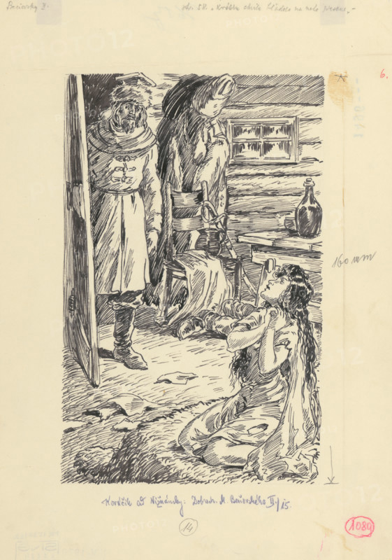 22.- She stared at him in horror for a short moment, 1953. Additional Info: Illustration for the novel by J.Niznansky The Adventures of Moric Benovsky, published by L.Mazac, Prague 1953 - 32 illus.