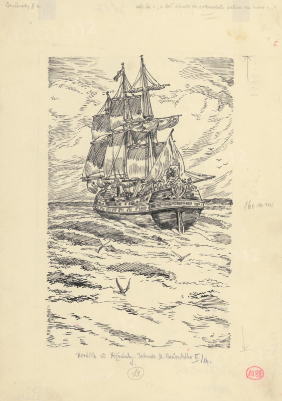 21.- And the ship rushed from the father's bay to the sea, 1953. Additional Info: Illustration for the novel by J.Niznansky The Adventures of Moric Benovsky, published by L.Mazac, Prague 1953 - 32 illus.