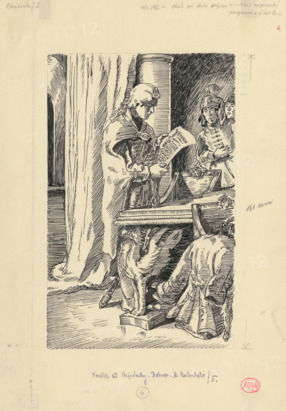 28.-He stood at the table holding an unrolled parchment in his hands and reading it, 1953. Additional Info: Illustration for the novel by J.Niznansky The Adventures of Moric Benovsky, published by L.Mazac, Prague 1953 - 32 illus.