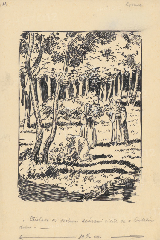 Ctislava and her daughters felt good in Budatin..., 1928. Additional Info: Illustration for the novel by F.Urbanek Kysuc, Society of St. Adalbert, Trnava, 1928 - 8 illus.