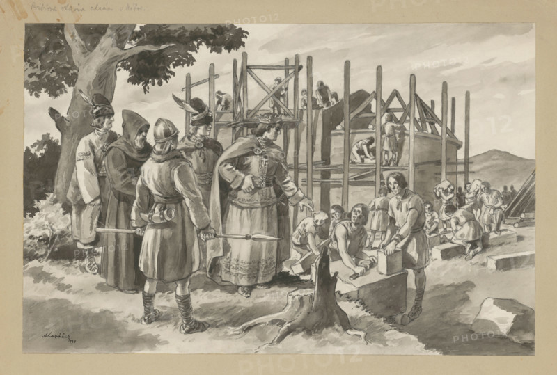 Pribina builds a Christian church in Nitra, 1937.