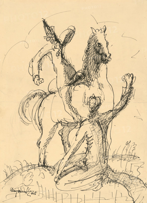Two clowns with a horse, 1938.