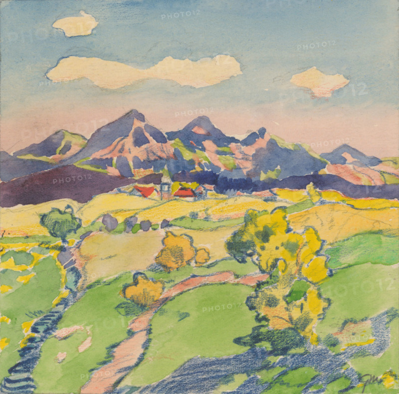 8.- View of a foothill village in the meadows, 1932. Additional Info: Illustrations for the book - August Horislav skultéty. Speeches. Bratislava : Viktor Sekey, [1932].