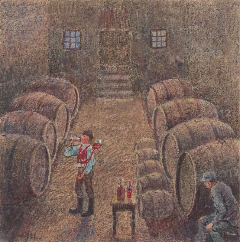 2.- Wine Tasting in the Cellar, 1932. Additional Info: Illustrations for the book - August Horislav skultéty. Speeches. Bratislava : Viktor Sekey, [1932].