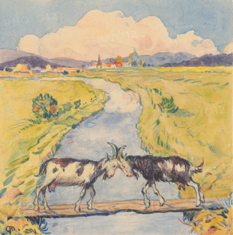 17.- Meeting of two goats on a narrow footbridge over a stream, 1932. Additional Info: Illustrations for the book - August Horislav skultéty. Speeches. Bratislava : Viktor Sekey, [1932].