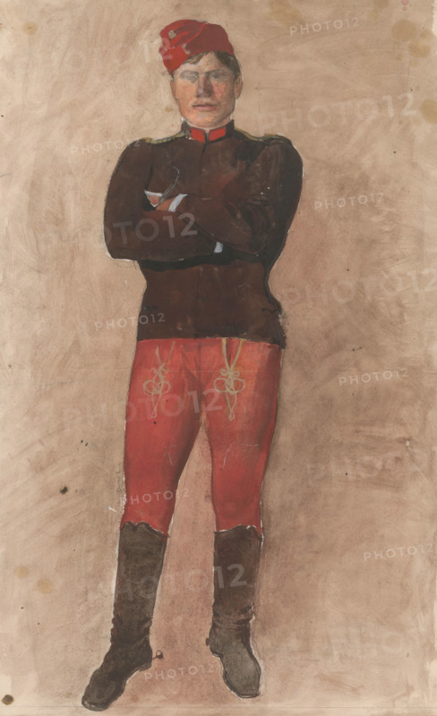 Standing soldier with folded arms, 1880-1910.