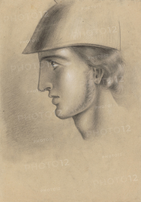 Young man's head in a helmet, 1865-1870.