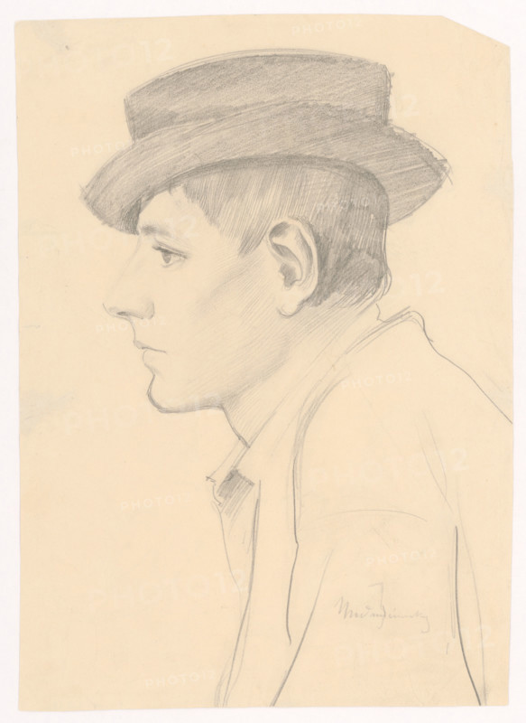 Profile of a young man in a round dark hat, 1880-1910.