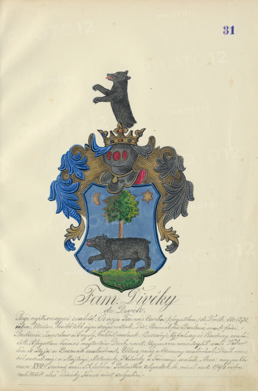 Coat of arms of the Divéky family, 1904.   Additional Info: Adolf Medzihradsky's manuscript album arvamegyei nemesi csaladok cimerei 1755-1842 (Coats of arms of the gentry families of Orava County)