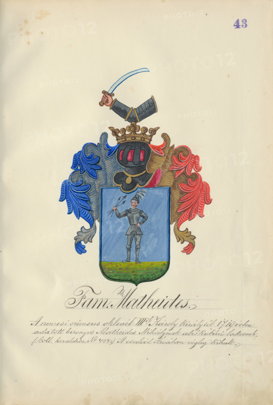 Coat of arms of the Matheides family, 1904.   Additional Info: Adolf Medzihradsky's manuscript album arvamegyei nemesi csaladok cimerei 1755-1842 (Coats of arms of the gentry families of Orava County)