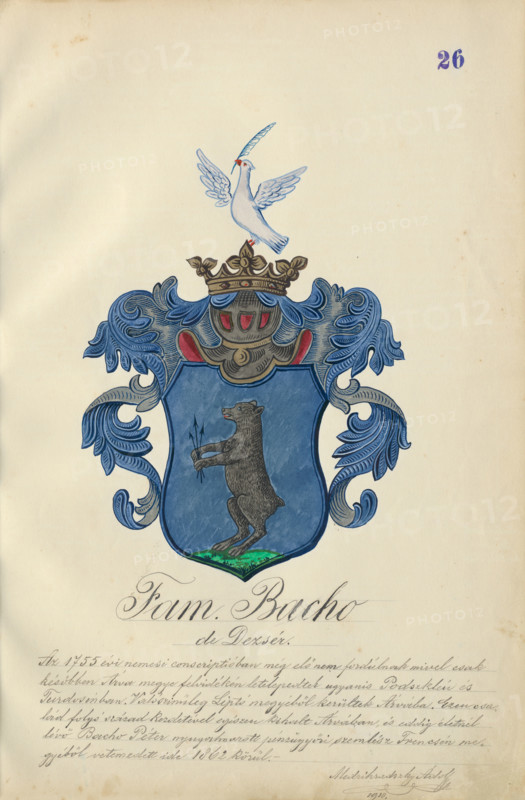 Coat of arms of the Bach family, 1904-1910.   Additional Info: Adolf Medzihradsky's manuscript album arvamegyei nemesi csaladok cimerei 1755-1842 (Coats of arms of the gentry families of Orava County)