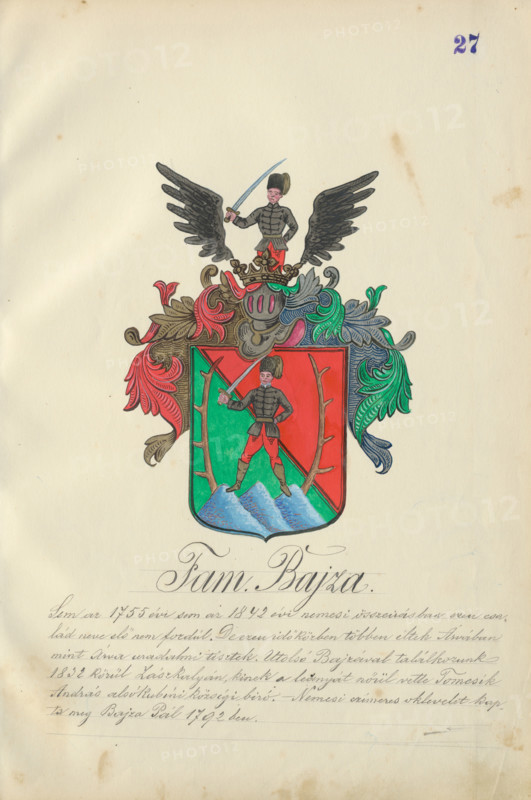 Coat of arms of the Bajz family, 1904-1910.   Additional Info: Adolf Medzihradsky's manuscript album arvamegyei nemesi csaladok cimerei 1755-1842 (Coats of arms of the gentry families of Orava County)