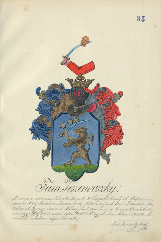 Coat of arms of the Jesenovska family, 1904.   Additional Info: Adolf Medzihradsky's manuscript album arvamegyei nemesi csaladok cimerei 1755-1842 (Coats of arms of the gentry families of Orava County)