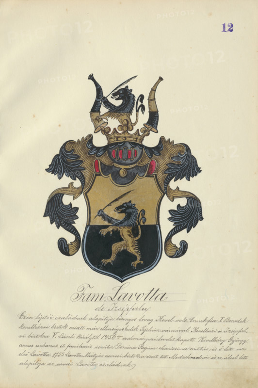Coat of arms of the Lavott family, 1904-1910.   Additional Info: Adolf Medzihradsky's manuscript album arvamegyei nemesi csaladok cimerei 1755-1842 (Coats of arms of the gentry families of Orava County)