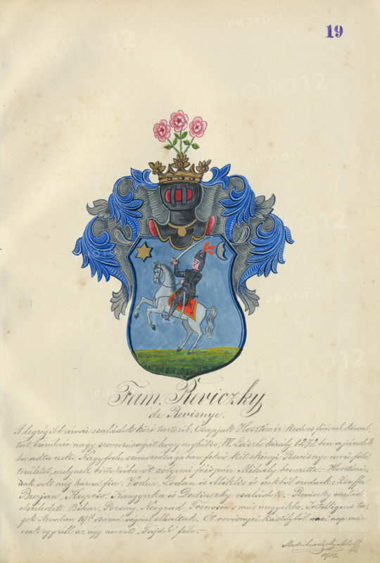 Coat of arms of the Revicka family, 1904-1910.   Additional Info: Adolf Medzihradsky's manuscript album arvamegyei nemesi csaladok cimerei 1755-1842 (Coats of arms of the gentry families of Orava County)