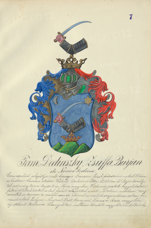 Coat of arms of the Dedinska family, 1904-1910.   Additional Info: Adolf Medzihradsky's manuscript album arvamegyei nemesi csaladok cimerei 1755-1842 (Coats of arms of the gentry families of Orava County)