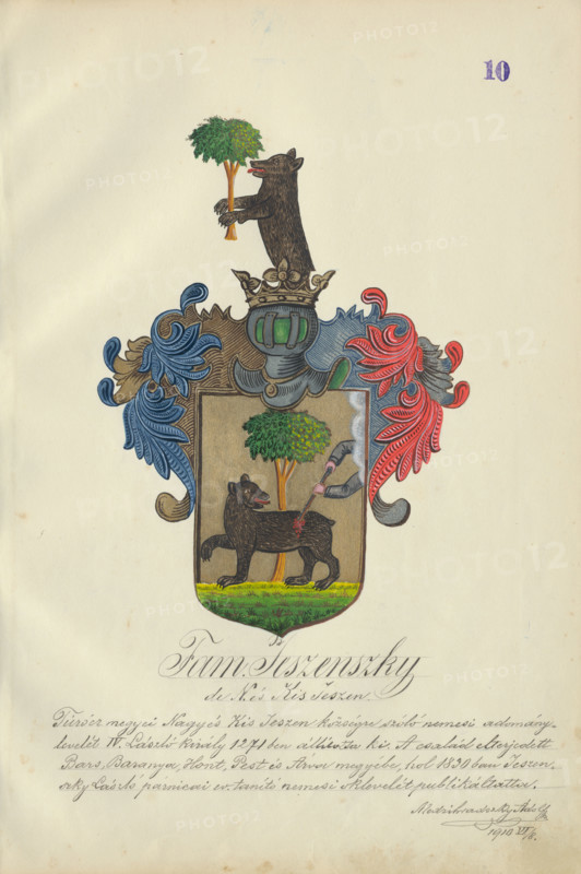 Coat of arms of the Jesenska family, 1904-1910.   Additional Info: Adolf Medzihradsky's manuscript album arvamegyei nemesi csaladok cimerei 1755-1842 (Coats of arms of the gentry families of Orava County)