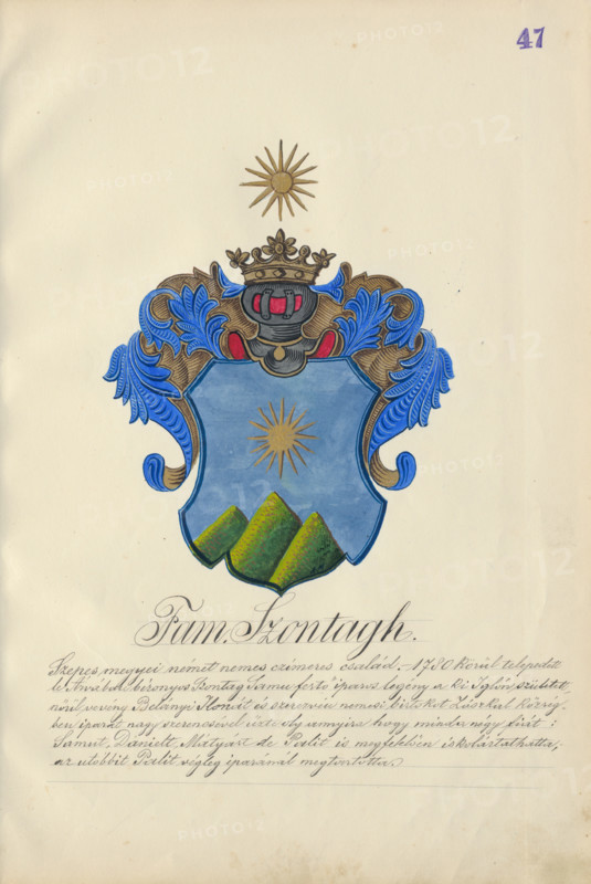 Coat of arms of the Szontagh family, 1904-1910.   Additional Info: Adolf Medzihradsky's manuscript album arvamegyei nemesi csaladok cimerei 1755-1842 (Coats of arms of the gentry families of Orava County)