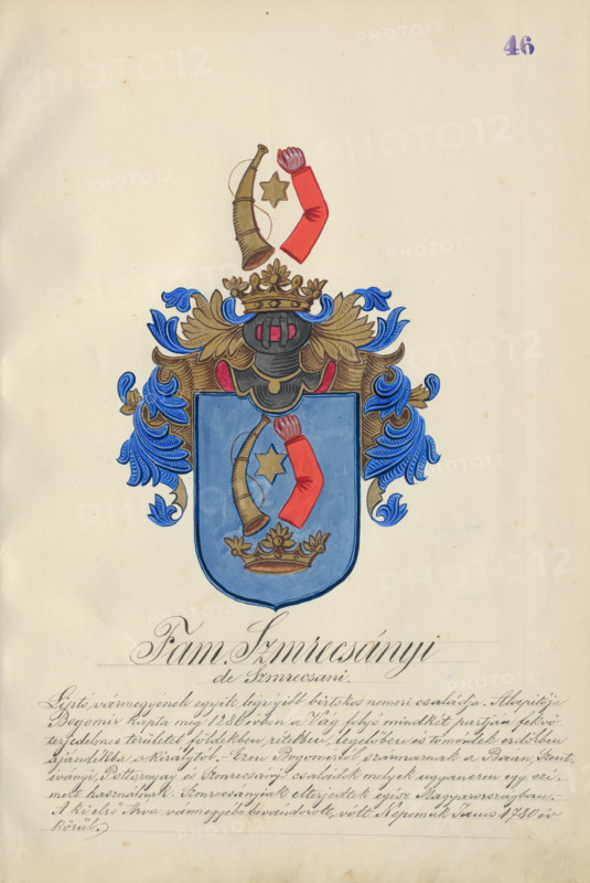 Coat of arms of the Smrecanyi family, 1904-1910.   Additional Info: Adolf Medzihradsky's manuscript album arvamegyei nemesi csaladok cimerei 1755-1842 (Coats of arms of the gentry families of Orava County)
