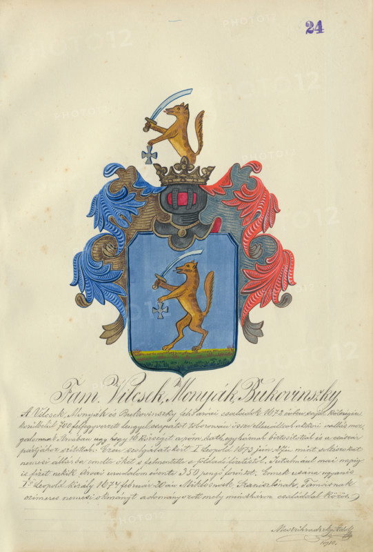 Coat of arms of the Vilcek, Monak, Bukovinska families, 1904.   Additional Info: Adolf Medzihradsky's manuscript album arvamegyei nemesi csaladok cimerei 1755-1842 (Coats of arms of the gentry families of Orava County)