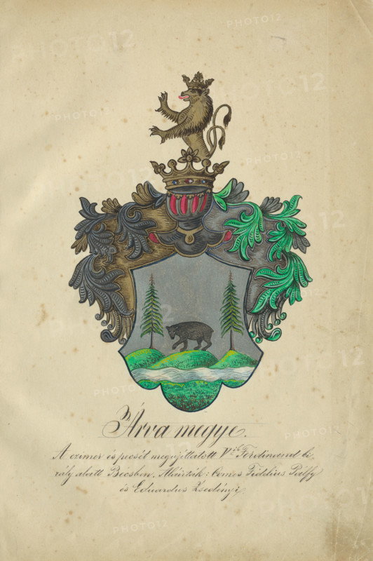 Coat of arms of Orava counties, 1904-1910.   Additional Info: Adolf Medzihradsky's manuscript album arvamegyei nemesi csaladok cimerei 1755-1842 (Coats of arms of the gentry families of Orava County)