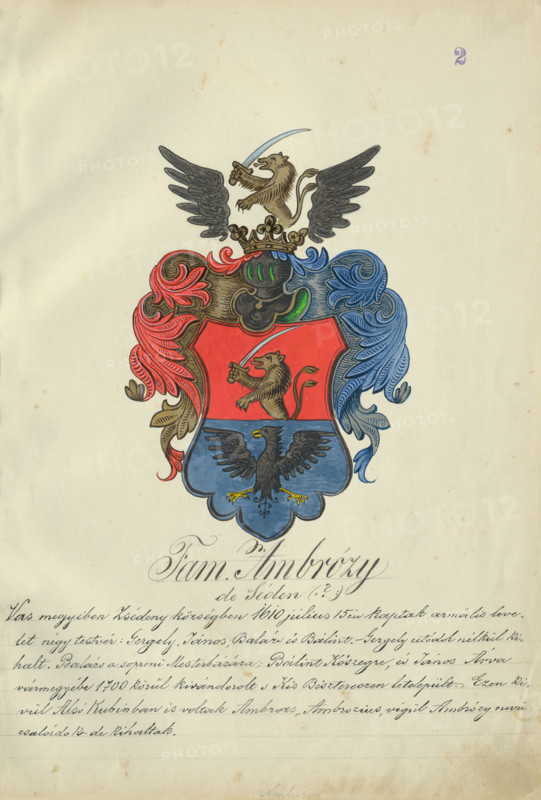 Coat of arms of the Ambrozy family, 1904-1910.   Additional Info: Adolf Medzihradsky's manuscript album arvamegyei nemesi csaladok cimerei 1755-1842 (Coats of arms of the gentry families of Orava County) - album of 53 coats of arms.