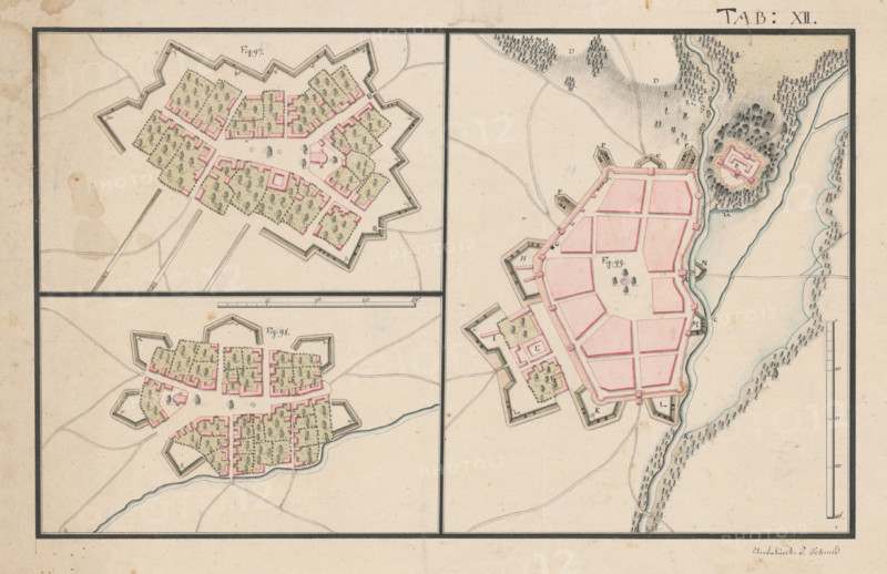 Plans of three settlements with fortifications, 2nd half 18th century.