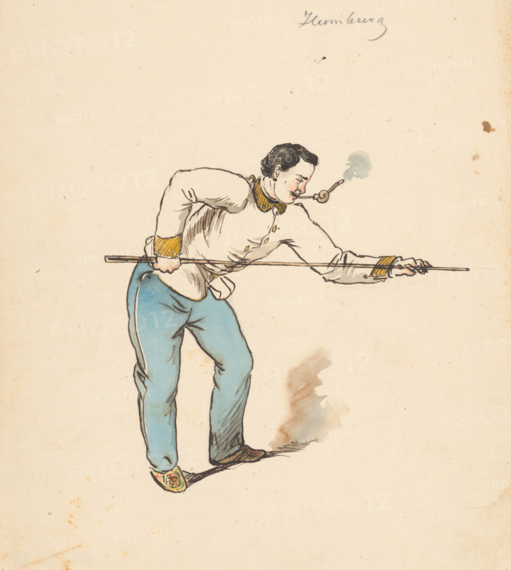 Playing billiards, 1850-1860.