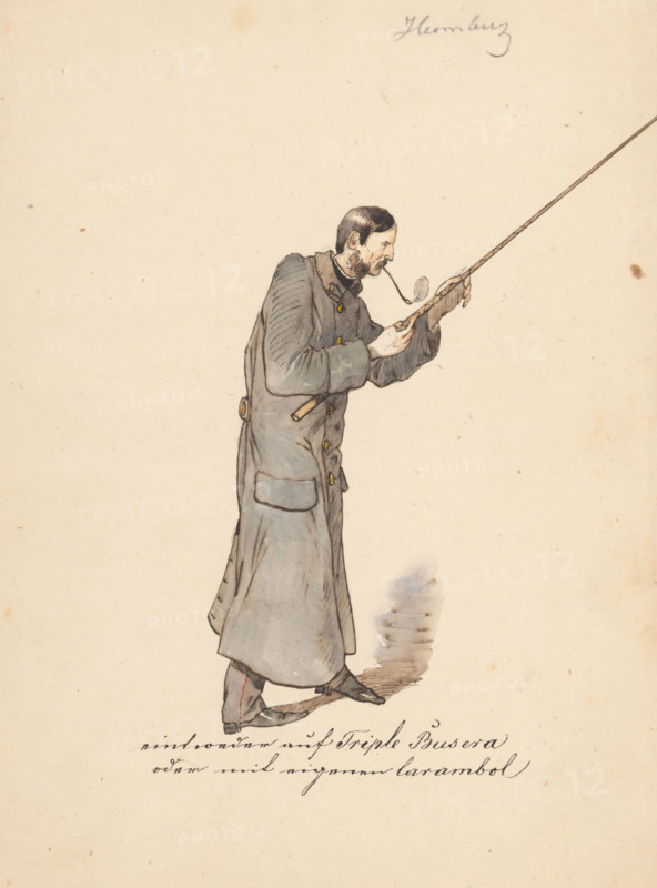 Man in a long military coat with a stick, 1850-1860.