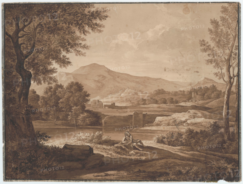Landscape with ruins and figurative staff, around 1800.