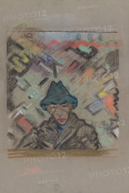 Bust man in a hat with a decorative background, around 1937.