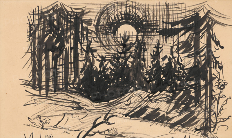 Sunset in the forest, 1930-1939.