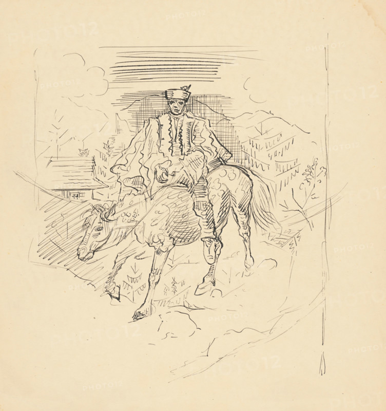 Man in a traditional costume on a horse, c1935.